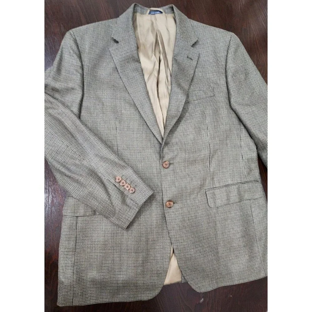 Ralph Lauren Mens Blazer Jacket Single Breasted 42R Houndstooth Brown Silk Blend